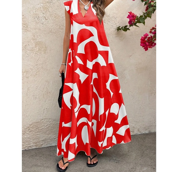 Abstract Geo Print Cap Sleeve V neck Flowy Maxi Dress - Picture 4 of 11